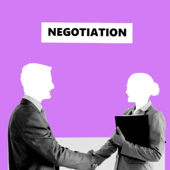 about-02 Illustration of entrepreneurs wearing formal clothes shaking hands while having meeting against purple background